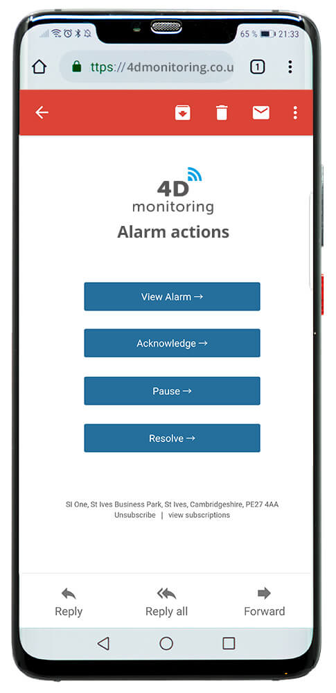Mobile phone with 4D Monitoring alarm actions on the screen